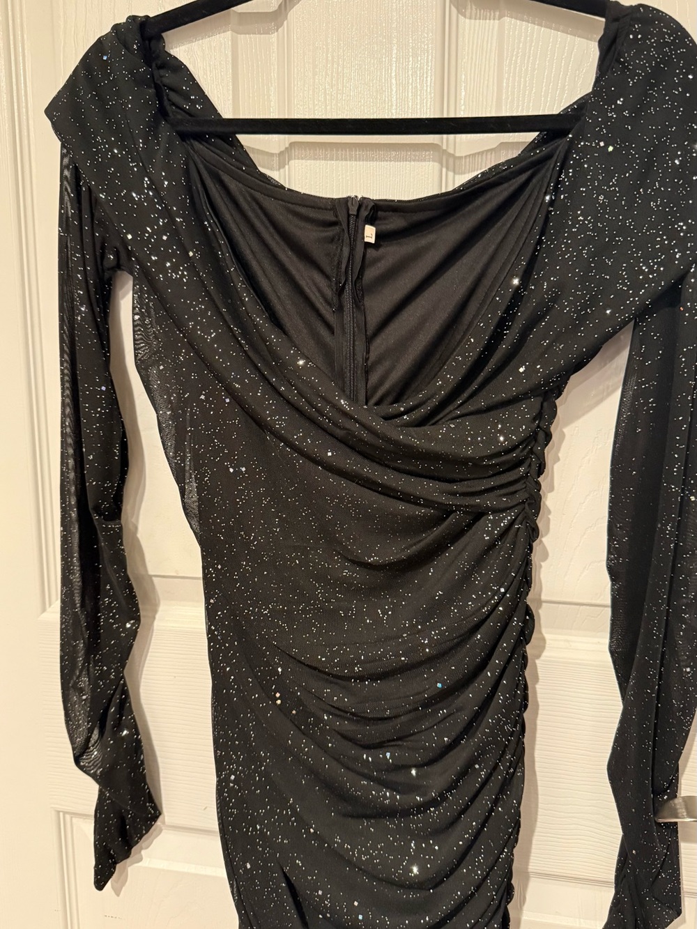 SHEIN Black Sparkle Draped Long-Sleeve Dress